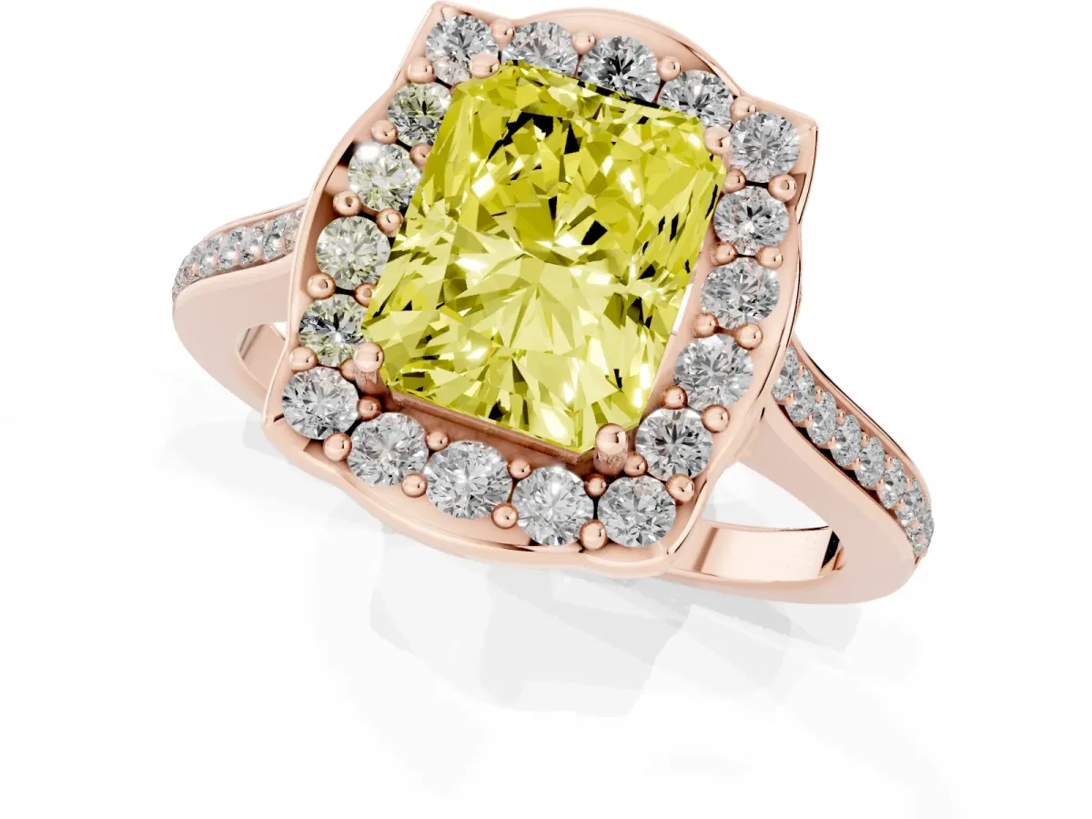 Fancy Yellow Radiant Cut Halo Round Diamond Pave Band with Four-Prong Setting Rose gold