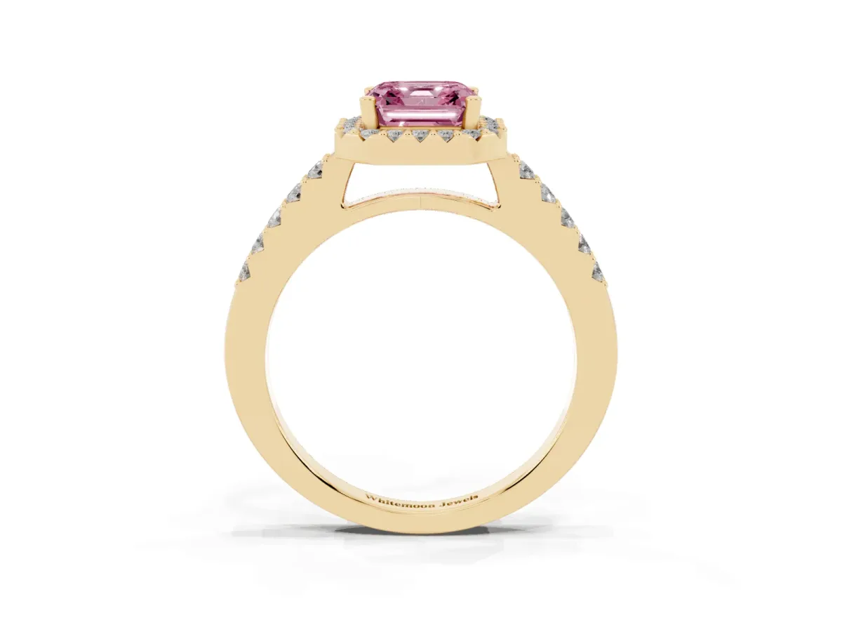Fancy Pink Asscher Cut Halo Diamond Pavé Solitaire Ring Yellow gold