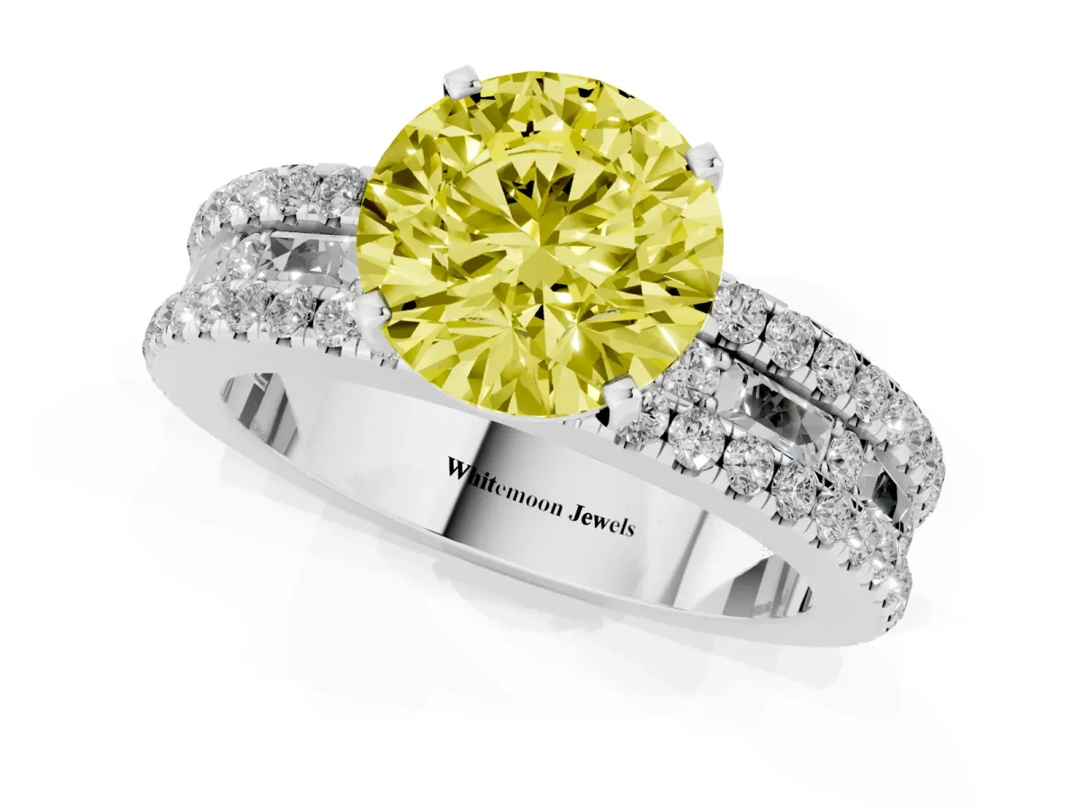 Fancy Yellow Round Cut Diamond Solitaire Ring with Pavé and Channel Set Band Silver
