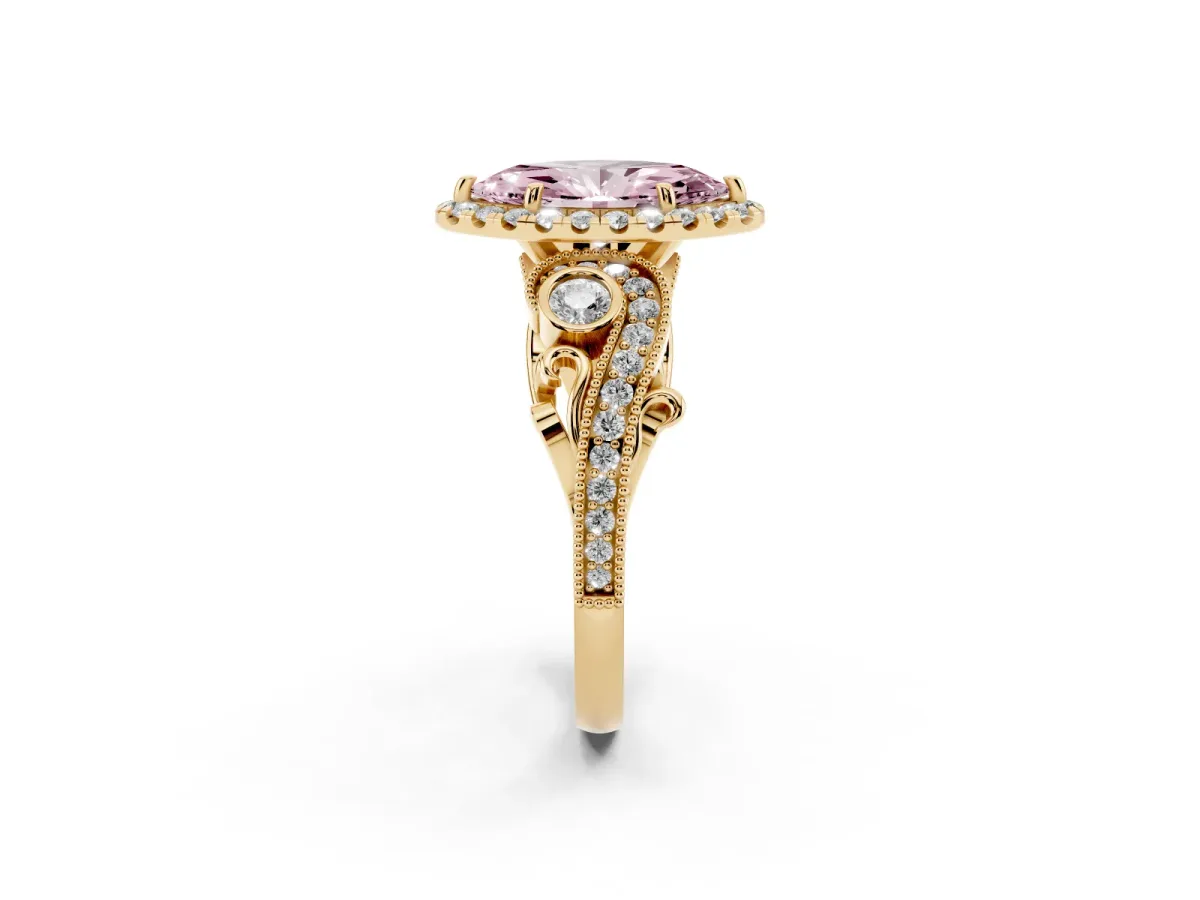 Fancy Pink Marquise Cut Halo Diamond Ring with Milgrain and Bezel Accents on a Split Shank Band Yellow gold