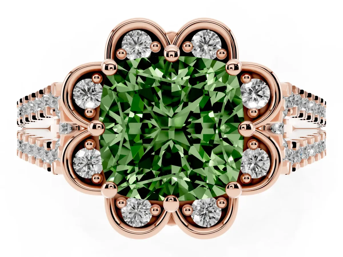 Fancy Green Cushion Cut Halo Diamond Floral Split Shank Engagement Ring Rose gold
