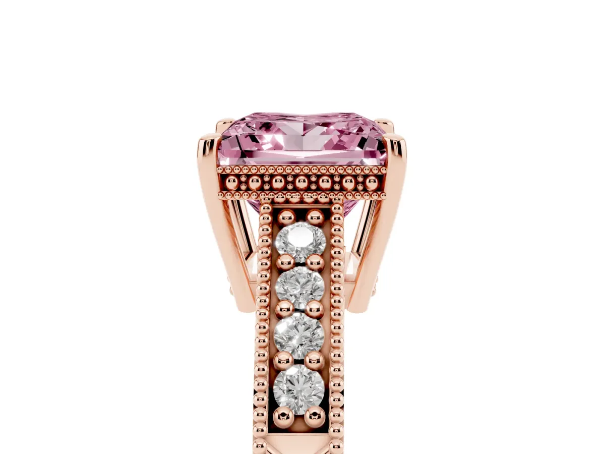 Fancy Pink Princess Cut Solitaire Pavé Diamond Milgrain Engagement Ring with Four-Prong Setting Rose gold