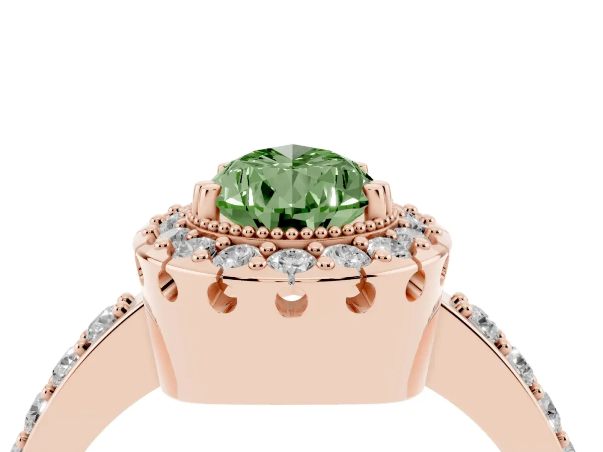 Fancy Green Pear Cut Diamond Halo Ring with Pavé Band and Prong Setting Rose gold
