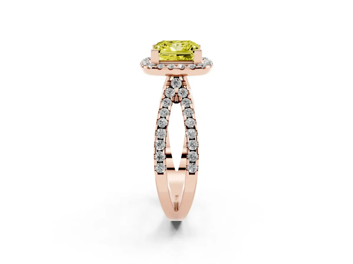 Fancy Yellow Princess Cut Diamond Halo Ring with Split Shank Pavé Band and Prong Setting Rose gold