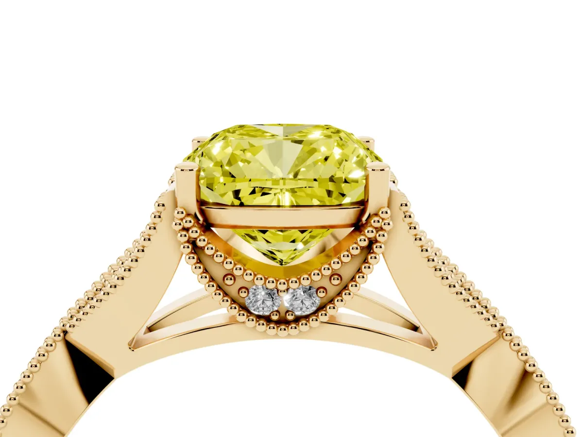 Fancy Yellow Cushion Cut Cut Diamond Twisted Band with Milgrain Pave Setting and Four-Prong Setting Yellow gold