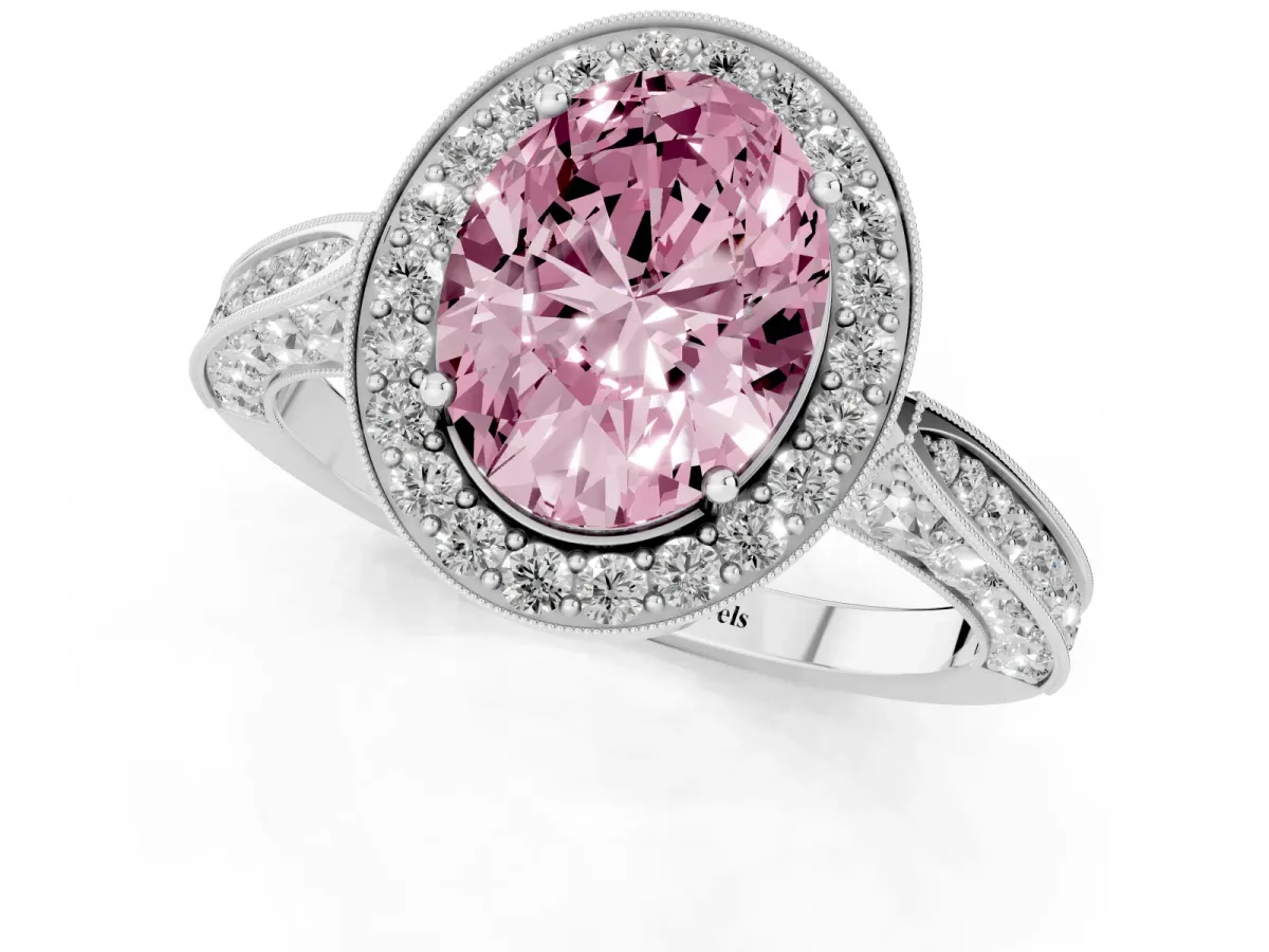 Fancy Pink Oval Cut Halo Diamond Engagement Ring with Split Shank Band and Four-Prong Setting Silver