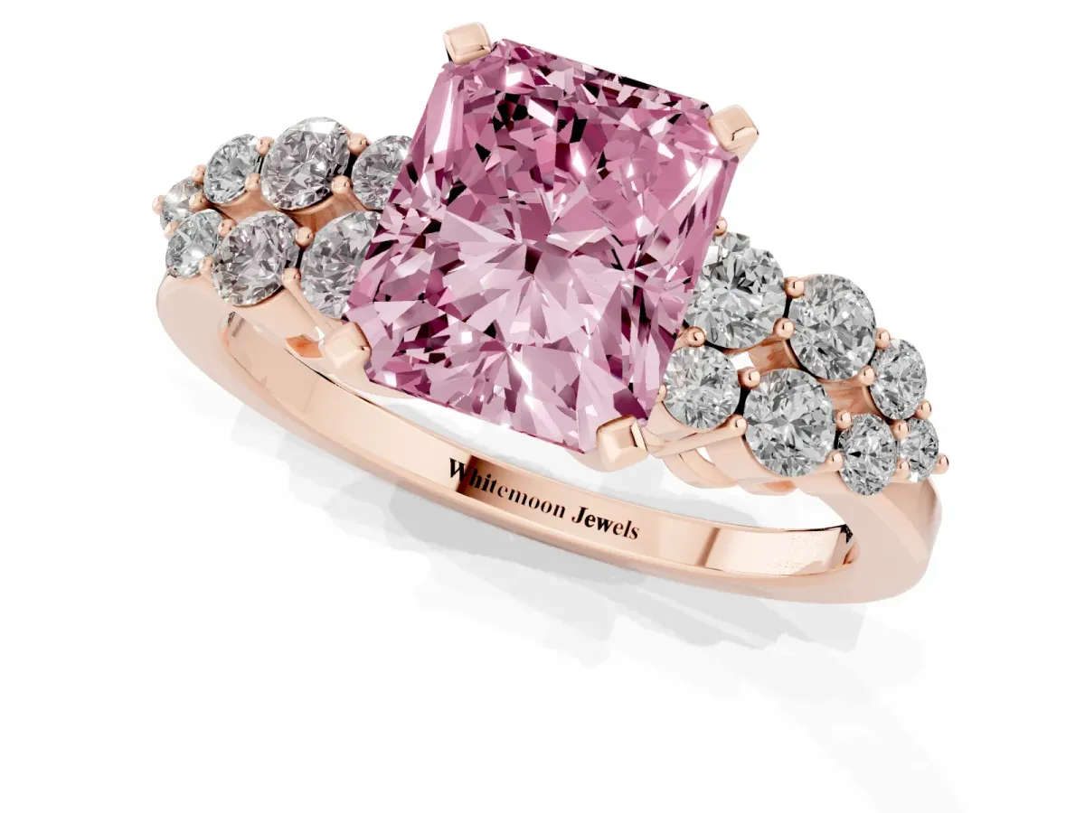 Fancy Pink Radiant Cut Cluster Diamond Engagement Ring with Pavé Band and Four-Prong Setting Rose gold