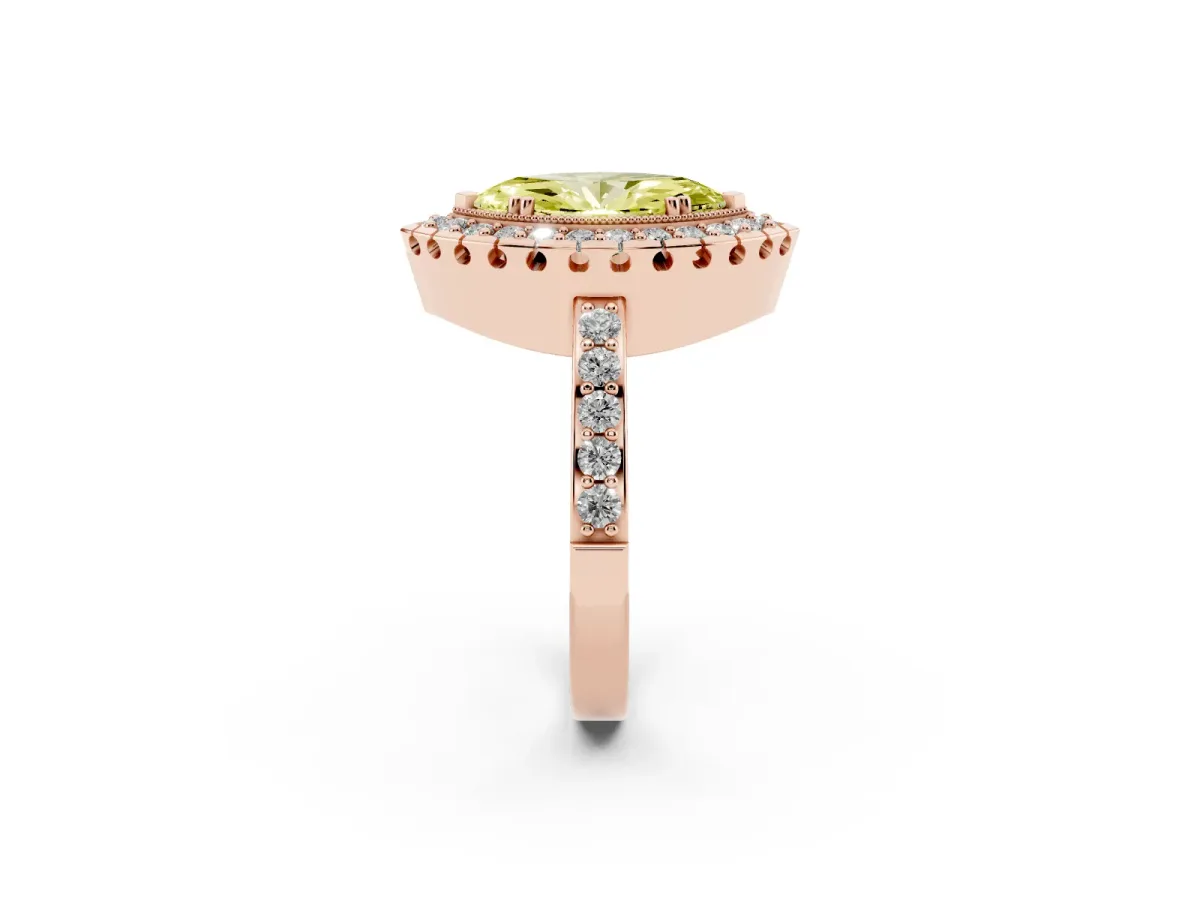 Fancy Yellow Marquise Cut Diamond Halo Ring with Pavé Band and Prong Setting Rose gold