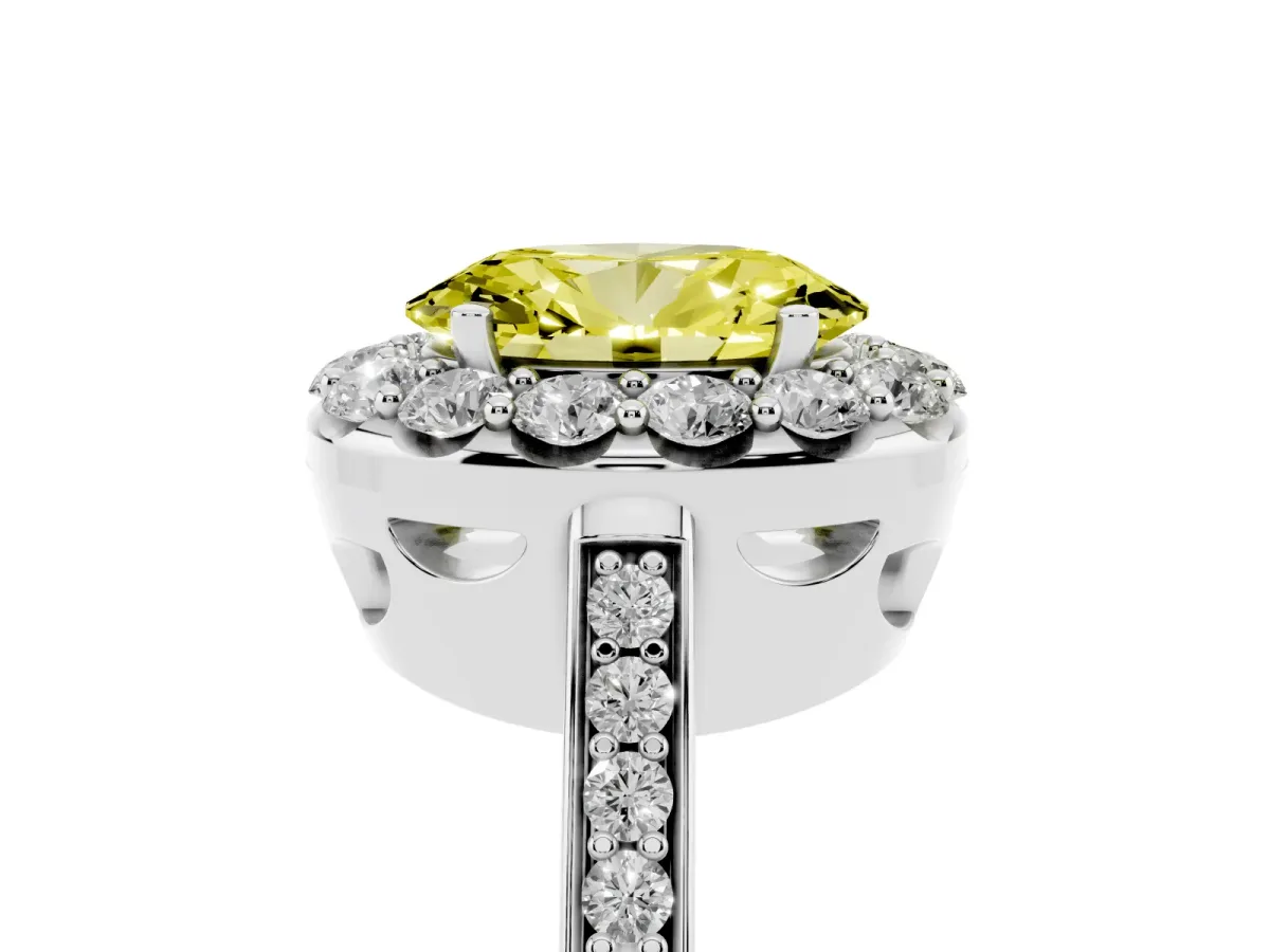 Fancy Yellow Oval Cut Diamond Floral Halo Ring with Pavé Band and Prong Setting White gold