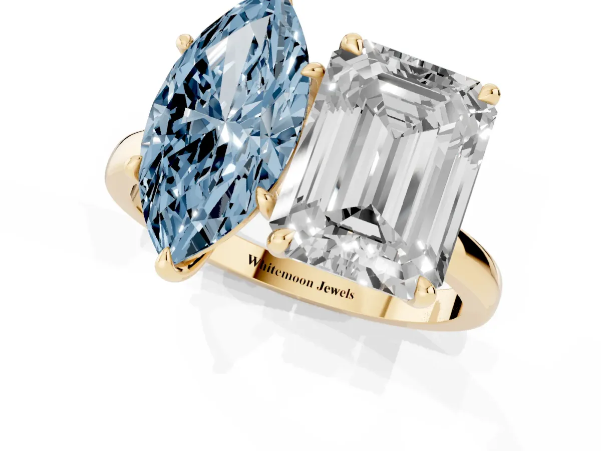 Fancy Blue Marquise Cut and Emerald Cut Toi Moi Ring with Prong Setting Yellow gold