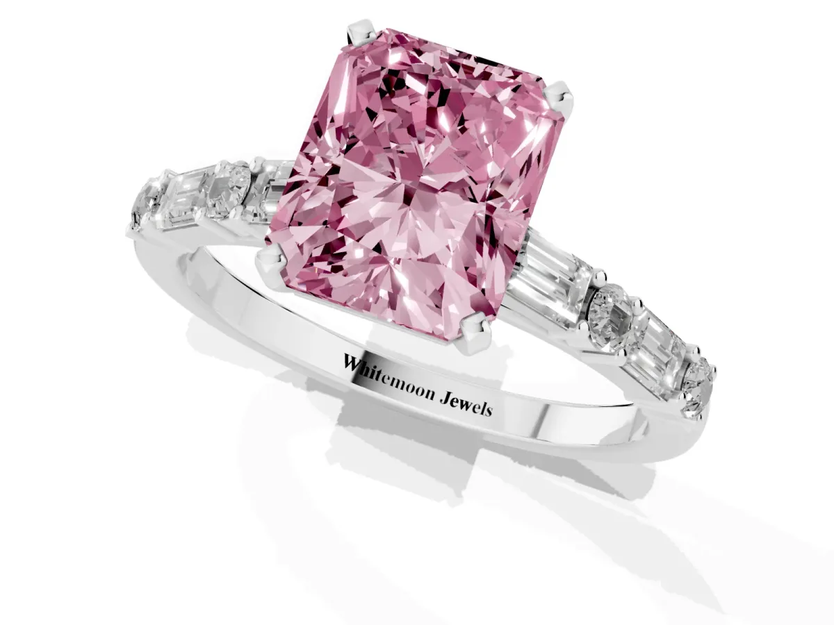 Fancy Pink Radiant Cut Diamond Solitaire with Side Baguettes and Channel Set Band White gold