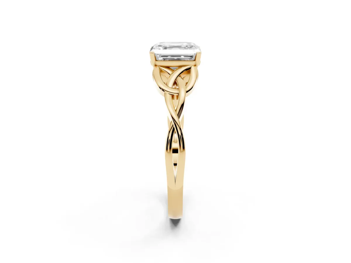 Asscher Cut Diamond Solitaire Engagement Ring with Celtic Knot Band and Four-Prong Setting Yellow gold
