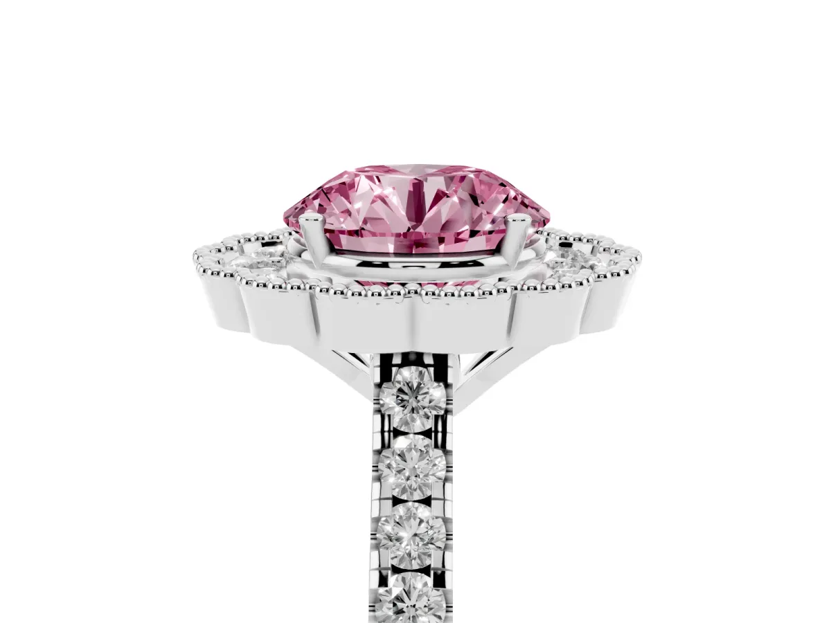 Fancy Pink Round Cut Cut Diamond Milgrain Floral Halo Engagement Ring with Pavé Band Silver