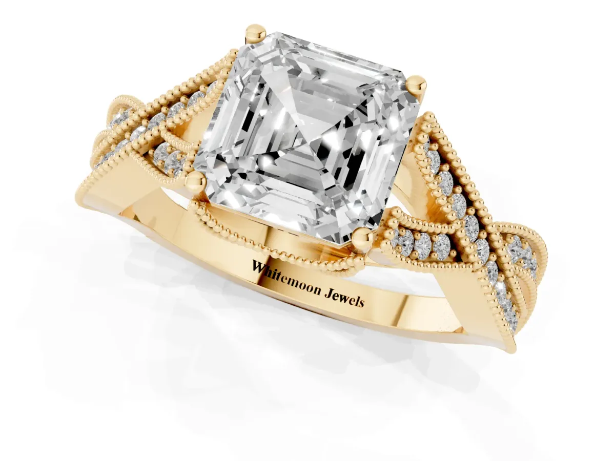 Asscher Cut Cut Diamond Twisted Band with Milgrain Pave Setting and Four-Prong Setting Yellow gold