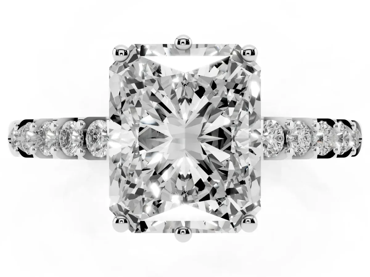 Radiant Cut Solitaire Diamond Engagement Ring with Pavé Band and Six-Prong Setting Silver