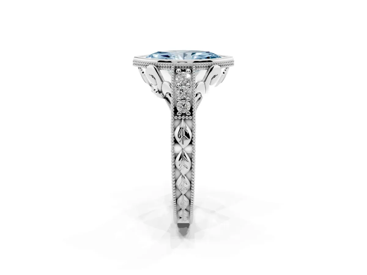 Fancy Blue Bezel Set Marquise Cut Diamond Milgrain Pave Engagement Ring Silver