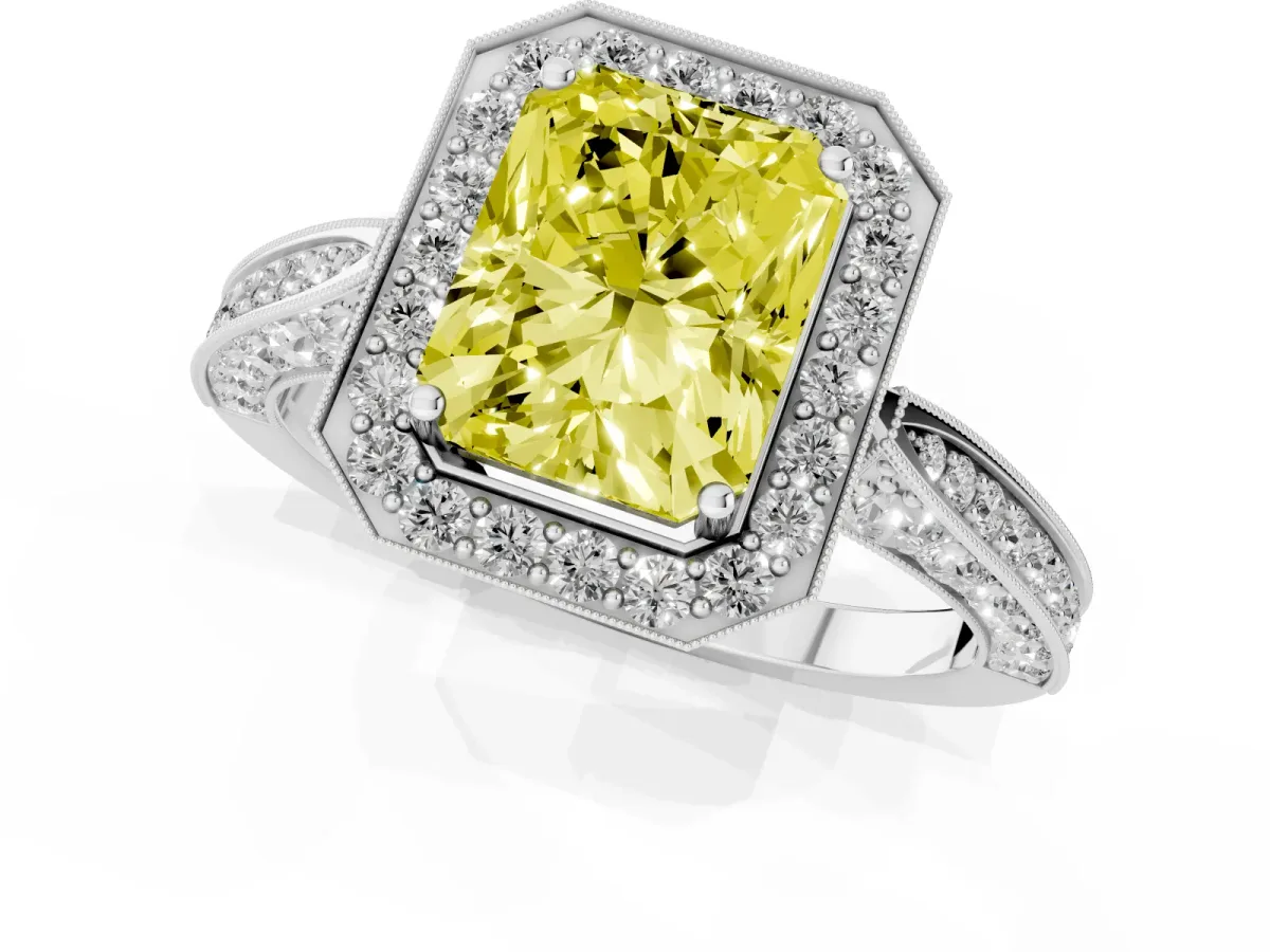 Fancy Yellow Radiant Cut Halo Diamond Engagement Ring with Split Shank Band and Four-Prong Setting Silver
