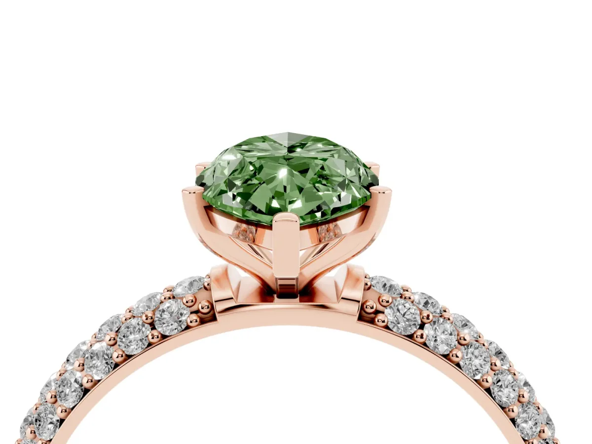 Fancy Green Marquise Cut Diamond Solitaire Ring with Prong Setting and Pavé Band Rose gold