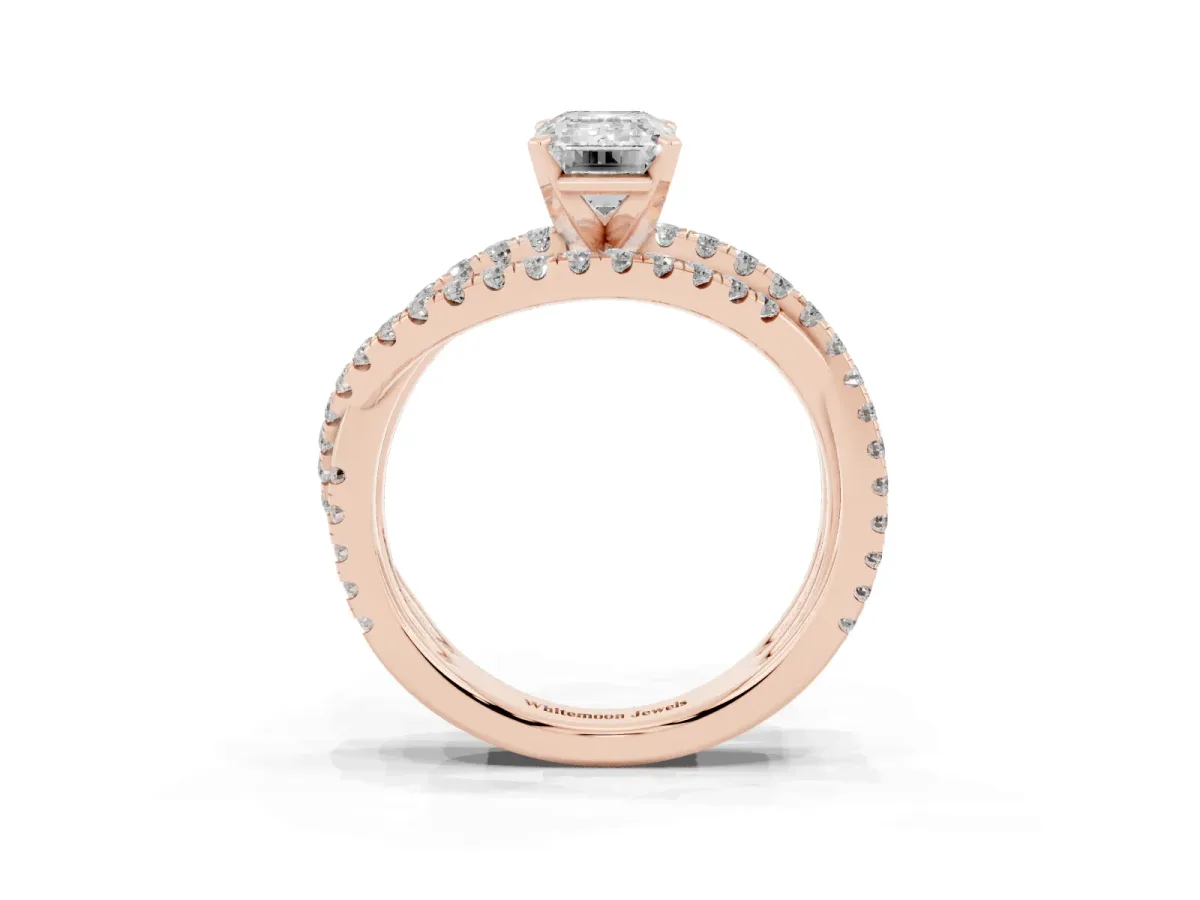 Emerald Cut Solitaire Twist Band with Pavé Setting and Four-Prong Setting Rose gold
