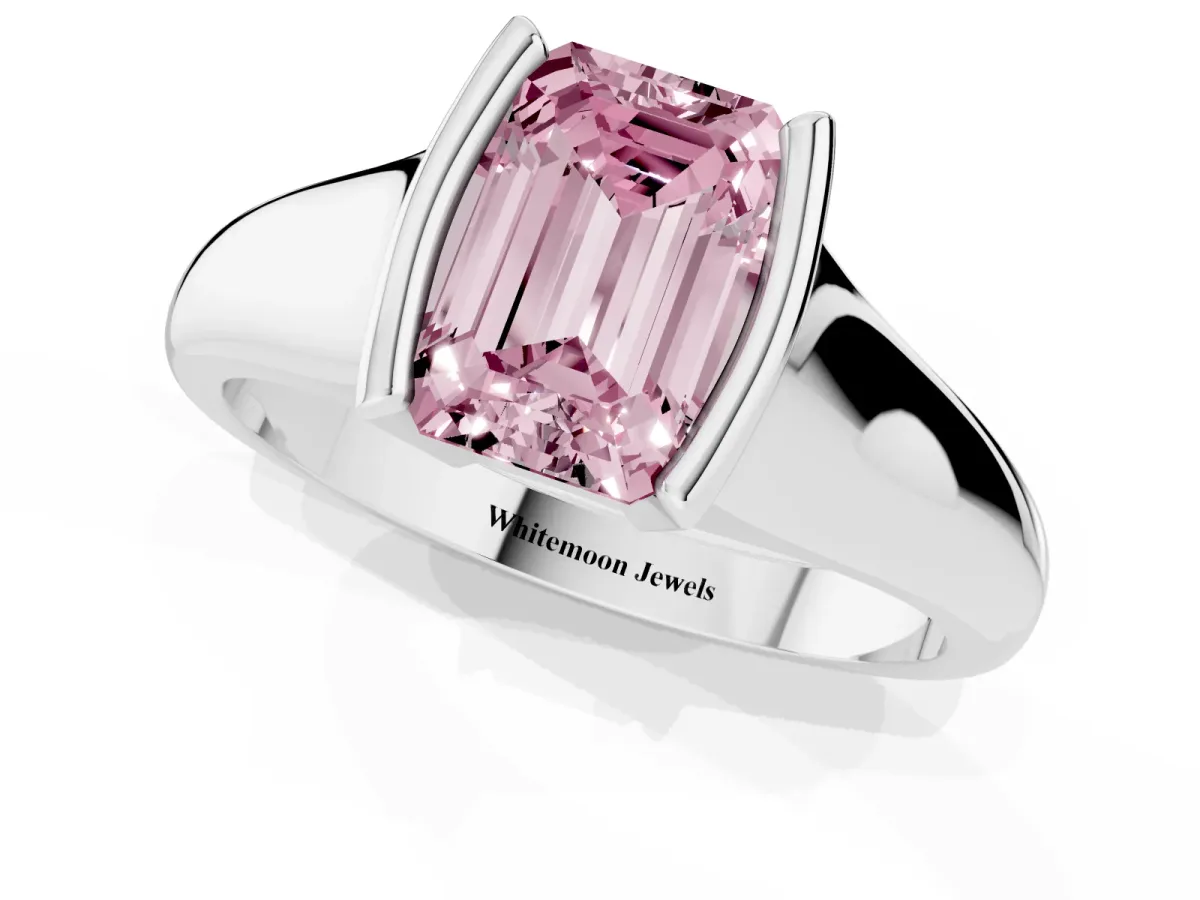 Fancy Pink Emerald Cut Solitaire Tension Set Diamond Ring with Split Shank Band Silver