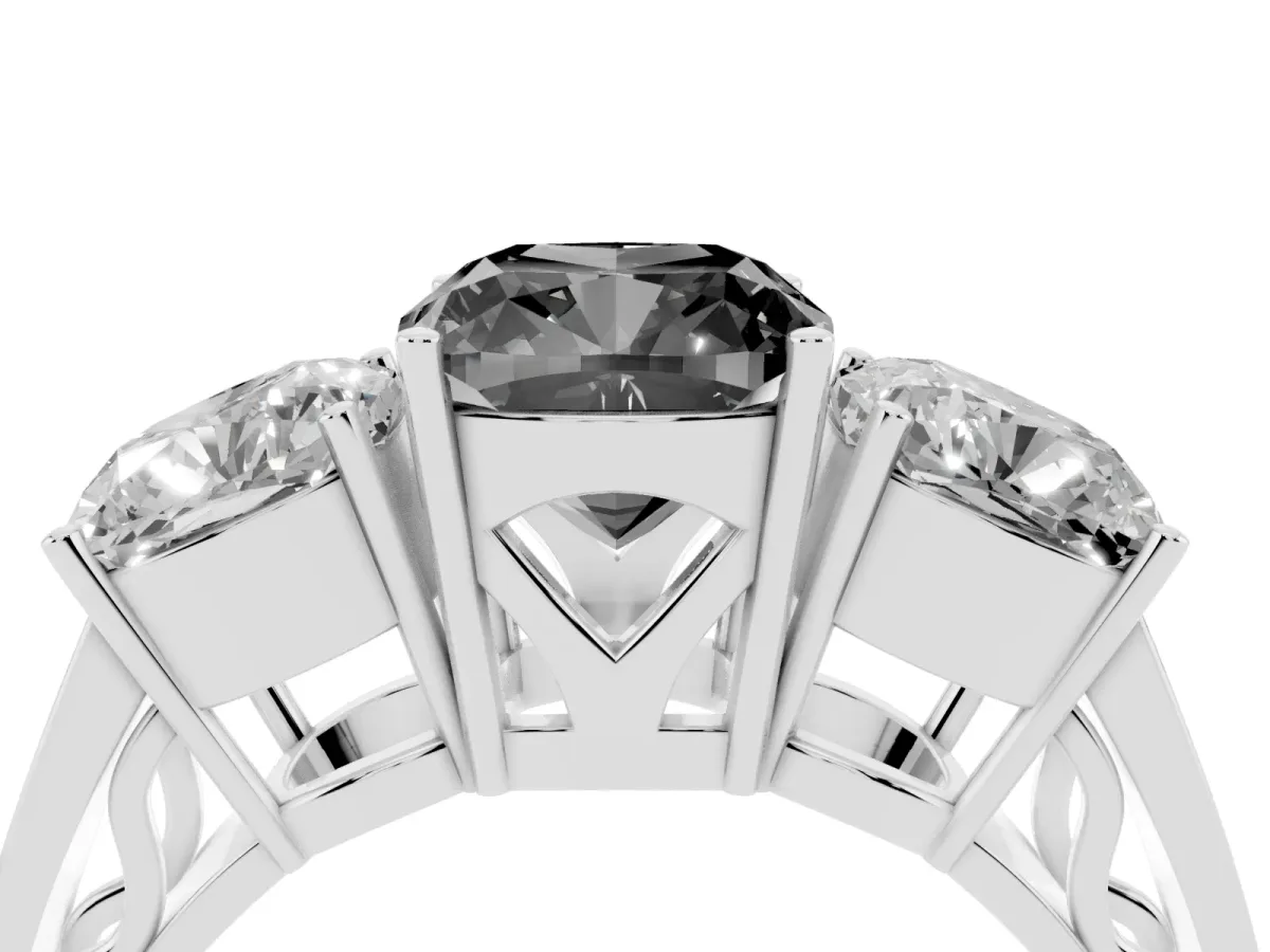 Fancy Black Cushion Cut Diamond Three-Stone Ring with Prong Setting and Textured Band Platinum