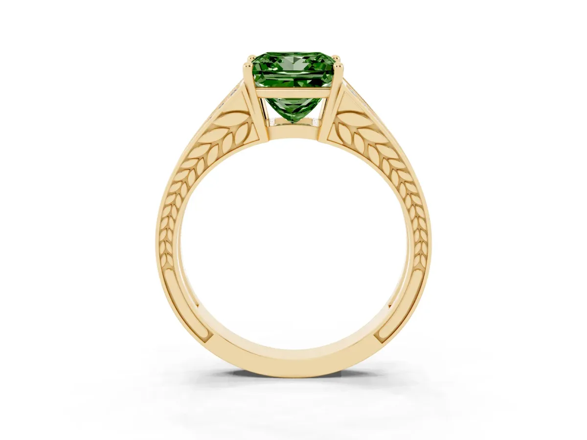Fancy Green Princess Cut Diamond Split Shank Ring with Pavé Band and Four-Prong Setting Yellow gold