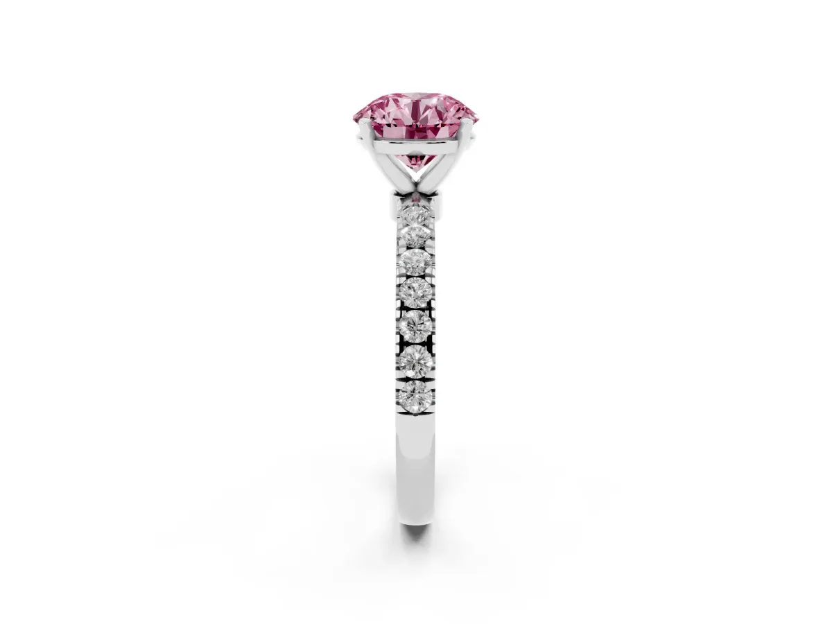 Fancy Pink Round Cut Diamond Solitaire Ring with Pavé Accents and Four-Prong Setting Platinum