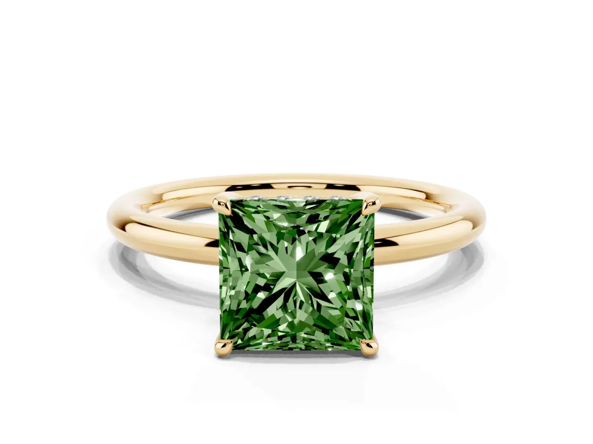 Fancy Green Princess Cut Diamond Solitaire Ring with Thin Band and Four-Prong Setting Yellow gold
