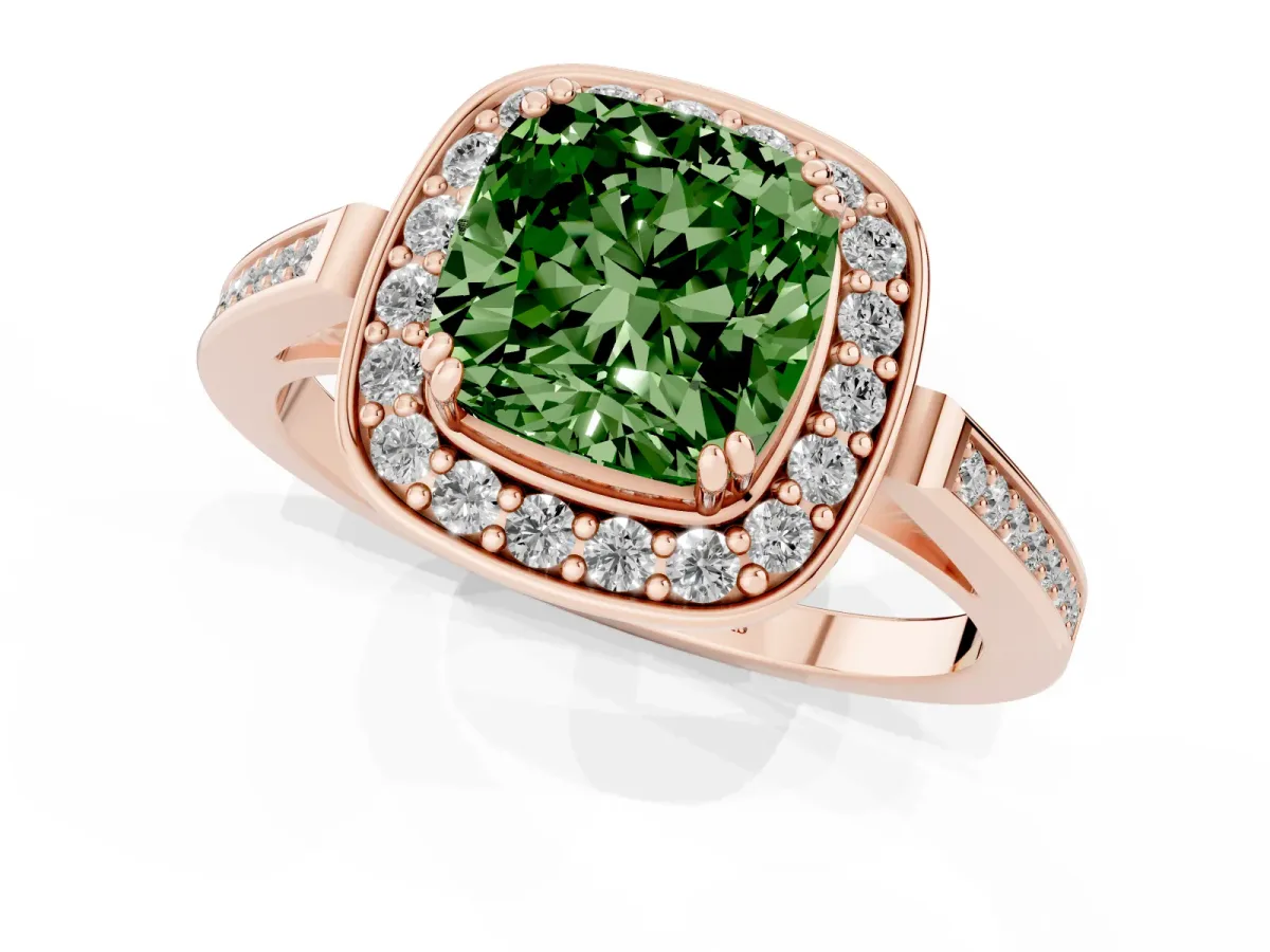 Fancy Green Cushion Cut Diamond Halo Ring with Split Shank and Four-Prong Setting Rose gold