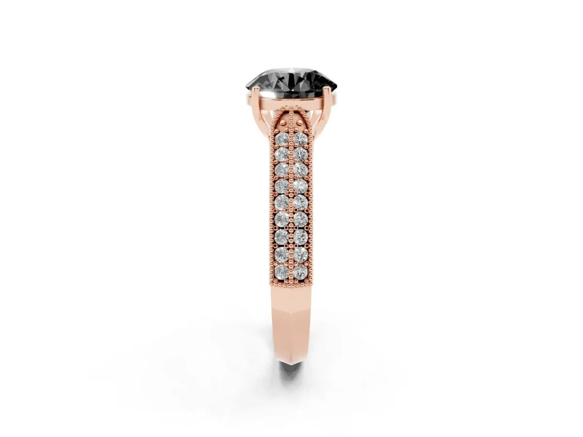Fancy Black Round Cut Cut Pave Split Shank Engagement Ring with Four-Prong Setting Rose gold