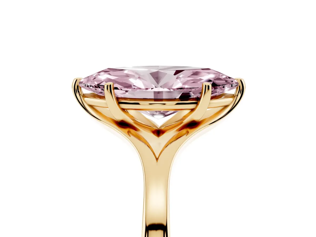 Fancy Pink Marquise Cut Solitaire Diamond Ring with Six-Prong Setting and Tapered Band Yellow gold
