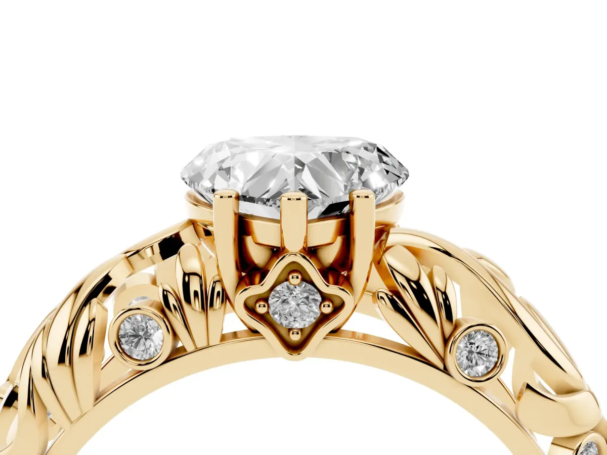 Heart Cut Solitaire Diamond Leaf-Inspired Vine Band Ring with Prong Setting Yellow gold