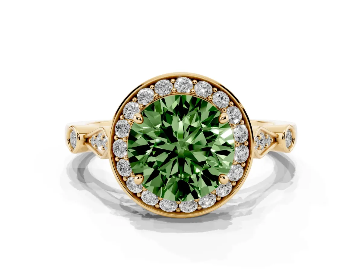 Fancy Green Round Cut Halo Diamond Engagement Ring with Twisted Band and Four-Prong Setting Yellow gold