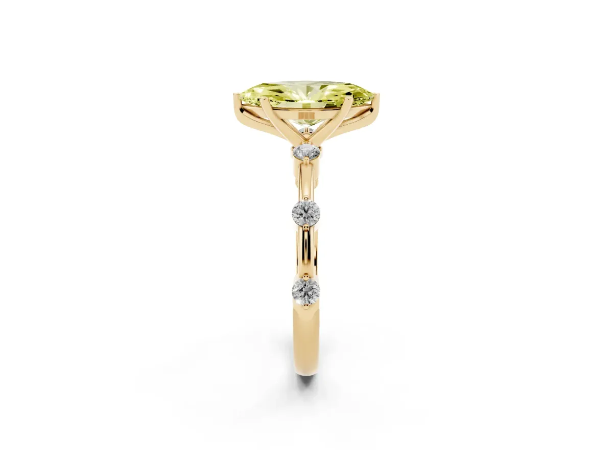 Fancy Yellow Marquise Cut Solitaire Diamond Ring with Bezel Set Side Stones and Prong Setting Yellow gold