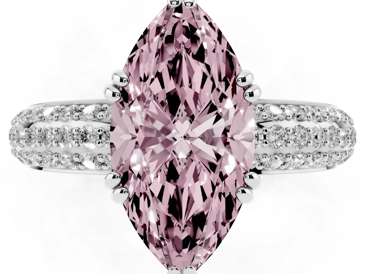 Fancy Pink Marquise Cut Diamond Solitaire Ring with Multi-Row Round Pavé Band and Prong Setting Platinum