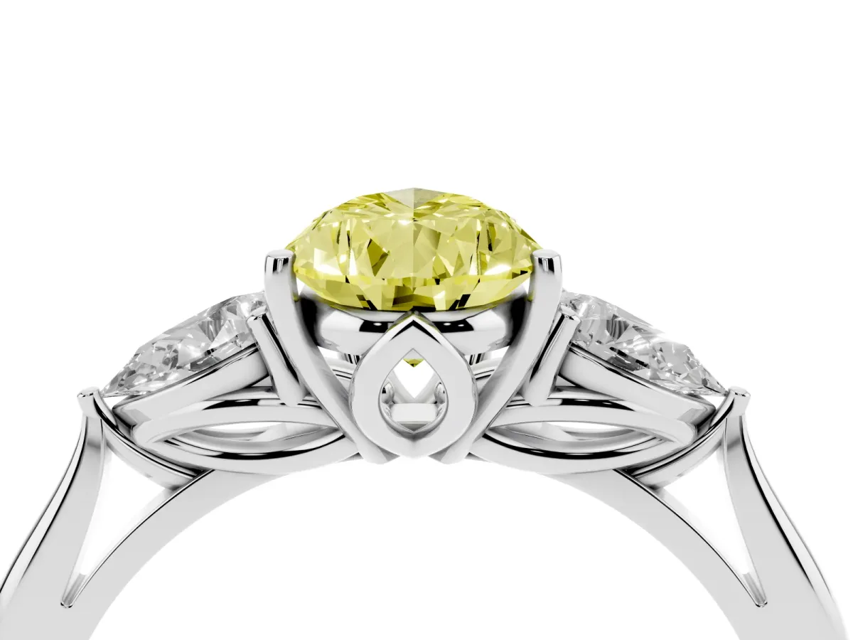 Fancy Yellow Pear Cut Diamond Three-Stone Ring with Pear Side Stones and Prong Setting Silver