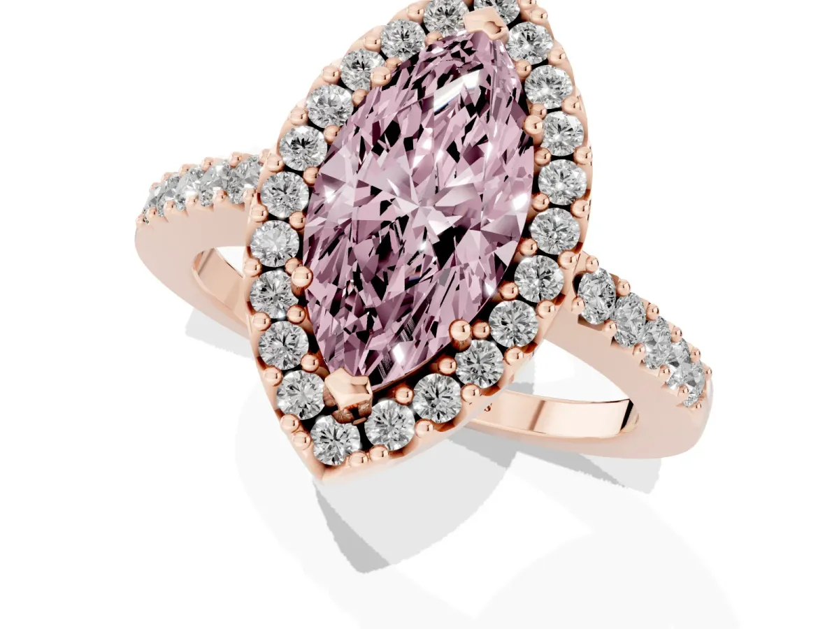Fancy Pink Marquise Cut Halo Diamond Pavé Solitaire Ring Rose gold