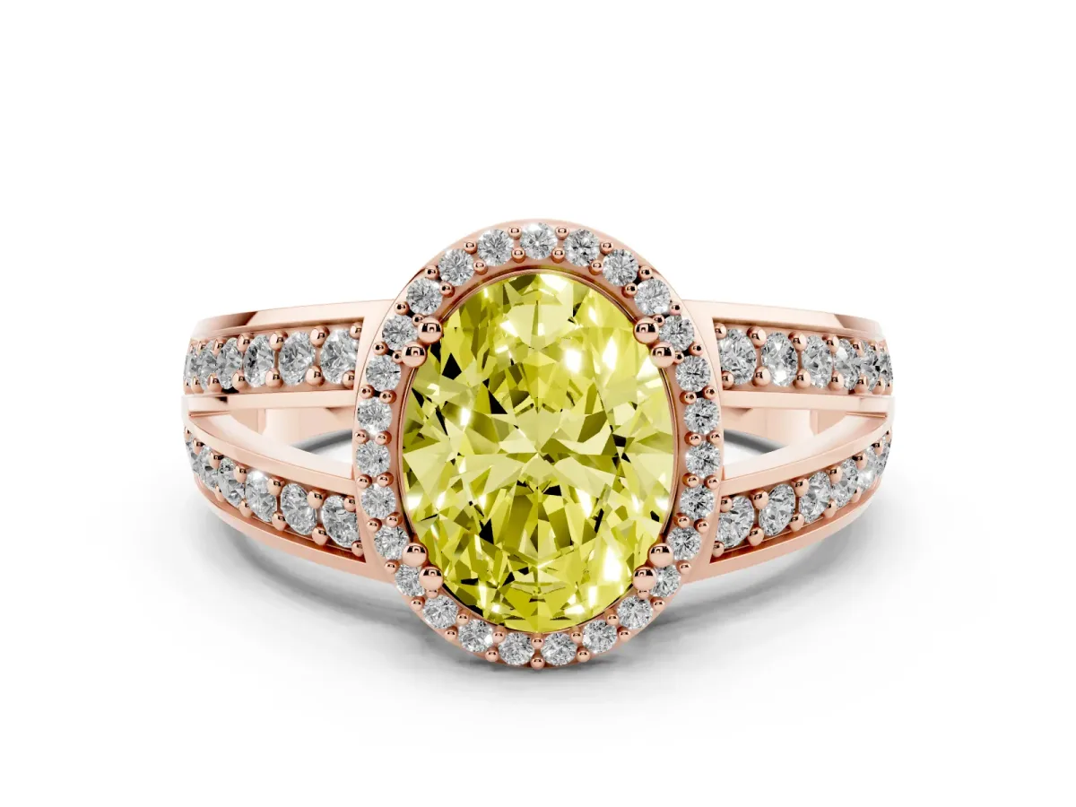 Fancy Yellow Oval Cut Diamond Halo Ring with Split Shank Pavé Band and Four-Prong Setting Rose gold