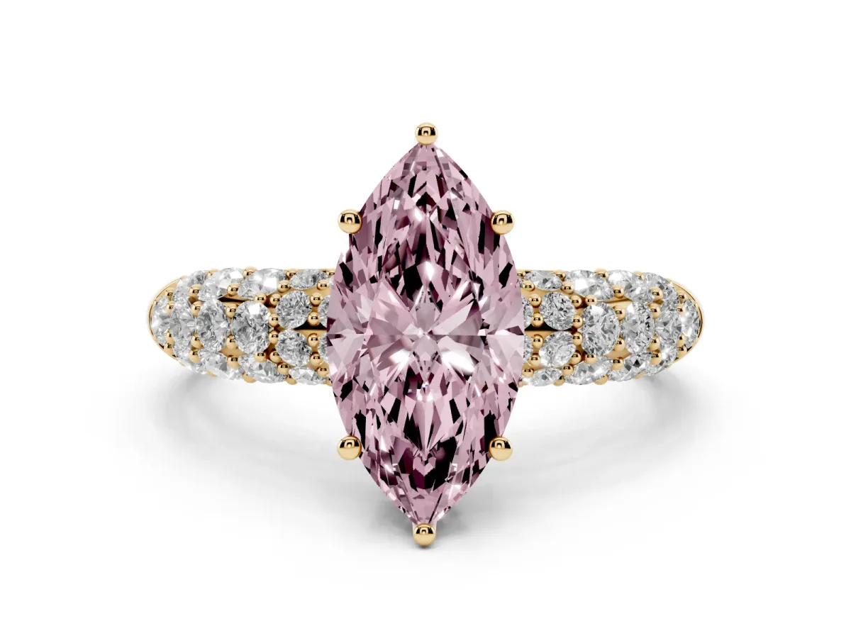 Fancy Pink Marquise Cut Diamond Pavé Band Solitaire Ring with Four-Prong Setting Yellow gold
