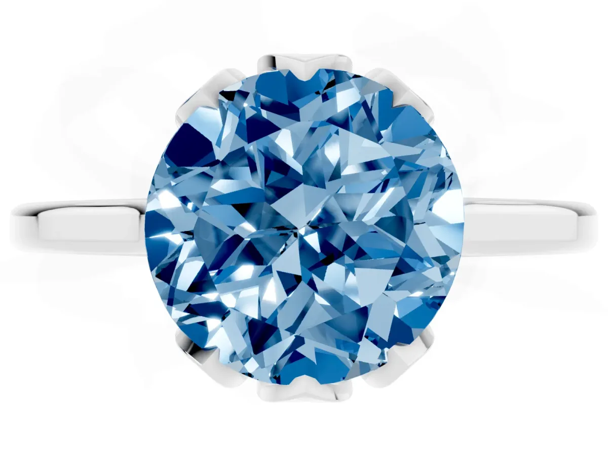 Fancy Blue Round Cut Diamond Solitaire Ring with Flower Prong Setting and Classic Band Silver