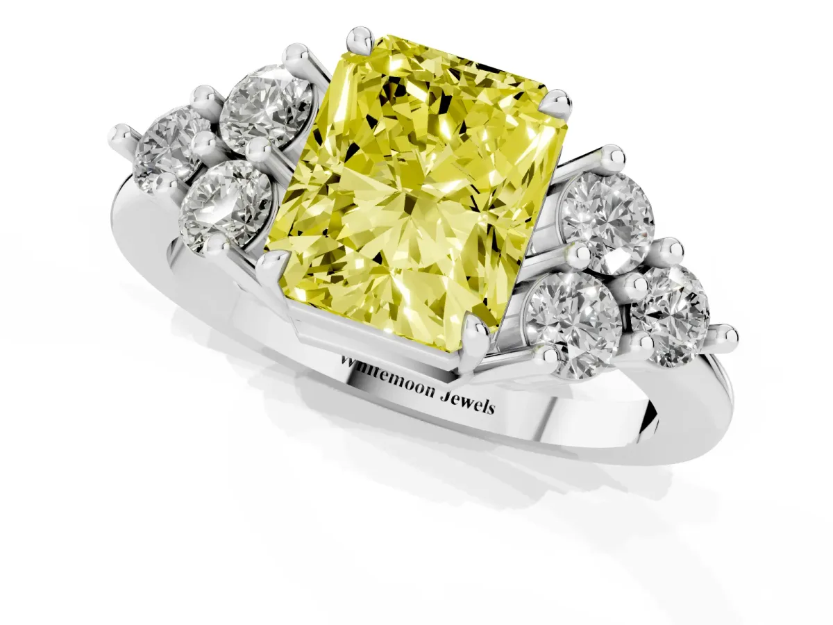Fancy Yellow Radiant Cut Brilliant Diamond Cluster Accent Solitaire Ring with Prong Setting Platinum