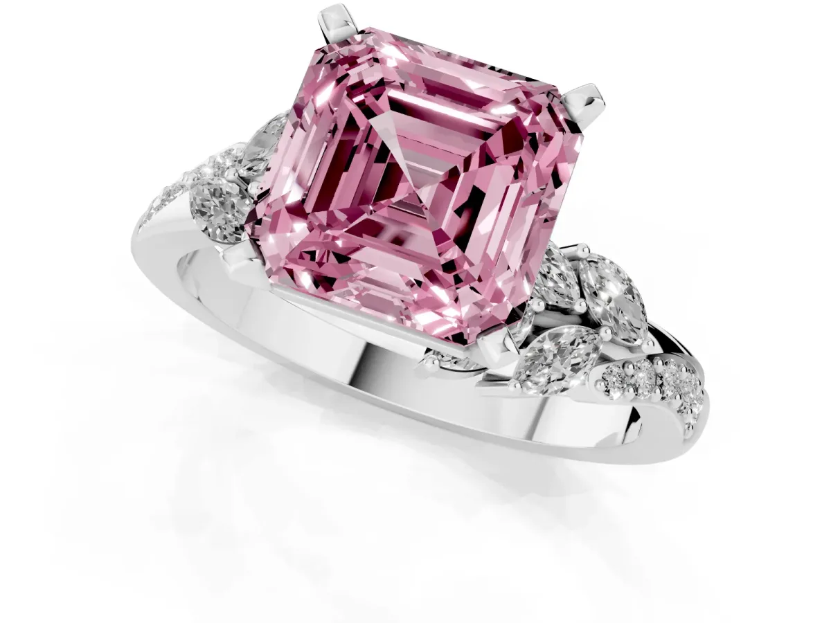 Fancy Pink Asscher Cut Solitaire Marquise Twist Band with Six-Prong Setting White gold