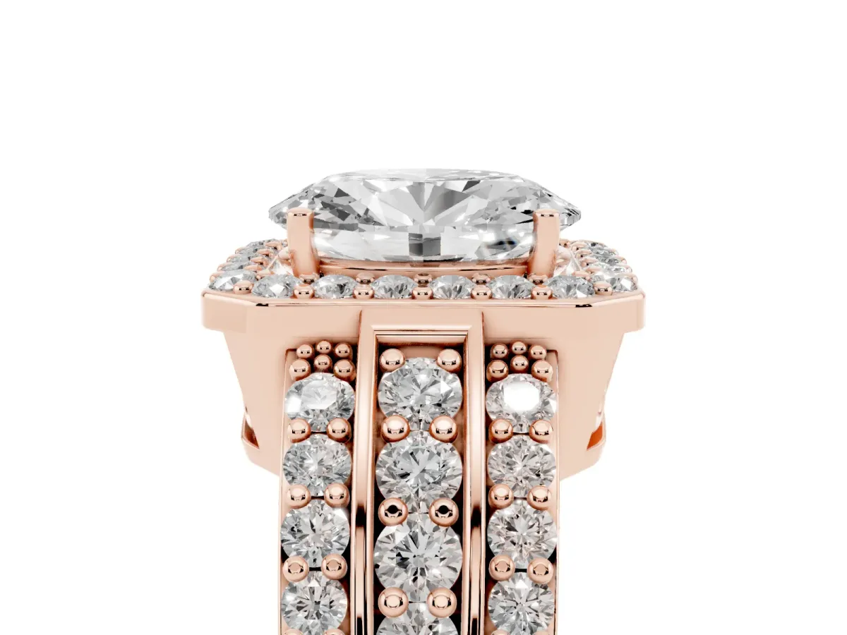 Oval Cut Halo Diamond Ring with Round Split Shank and Prong Setting Rose gold