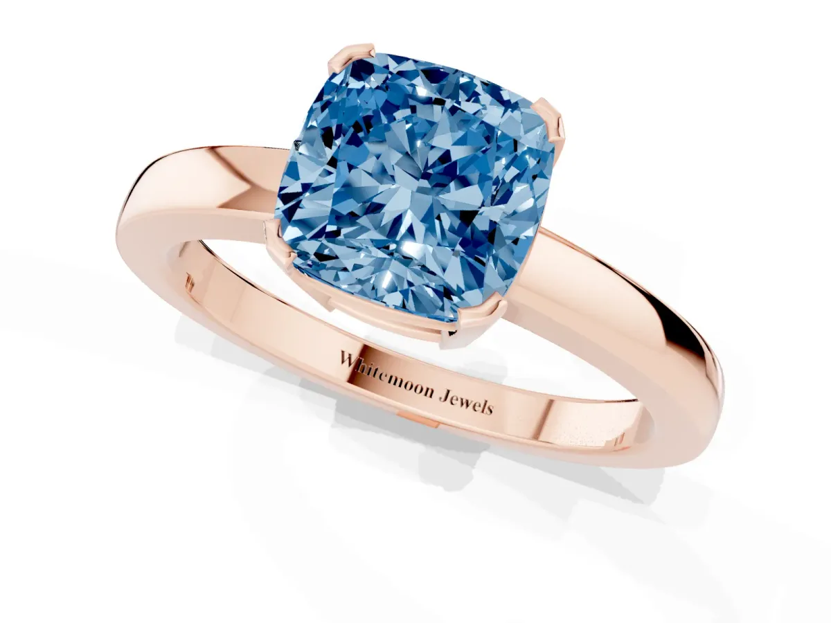 Fancy Blue Cushion Cut Cut Solitaire Ring with Four-Prong Setting and Classic Band Rose gold