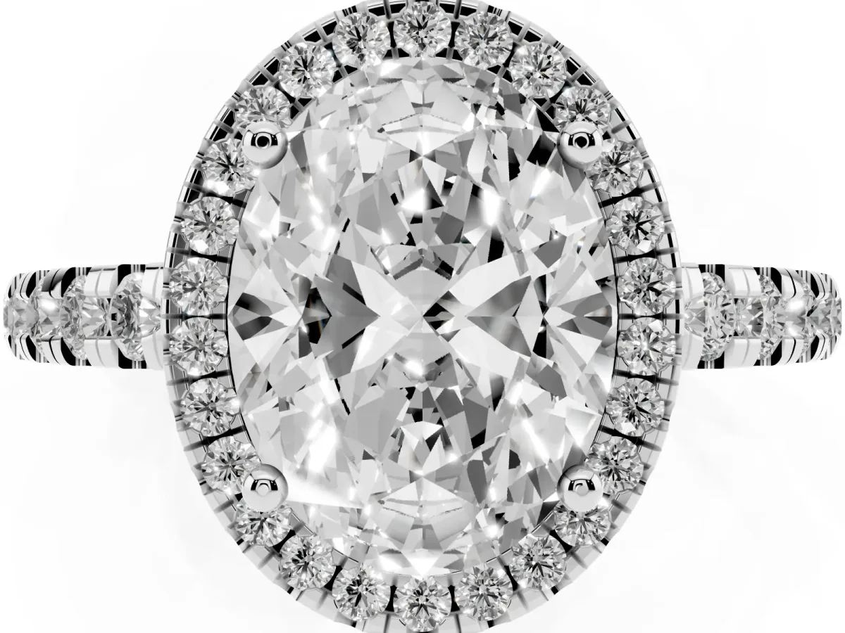 Oval Cut Diamond Halo Ring with Pavé Band and Four-Prong Setting Platinum
