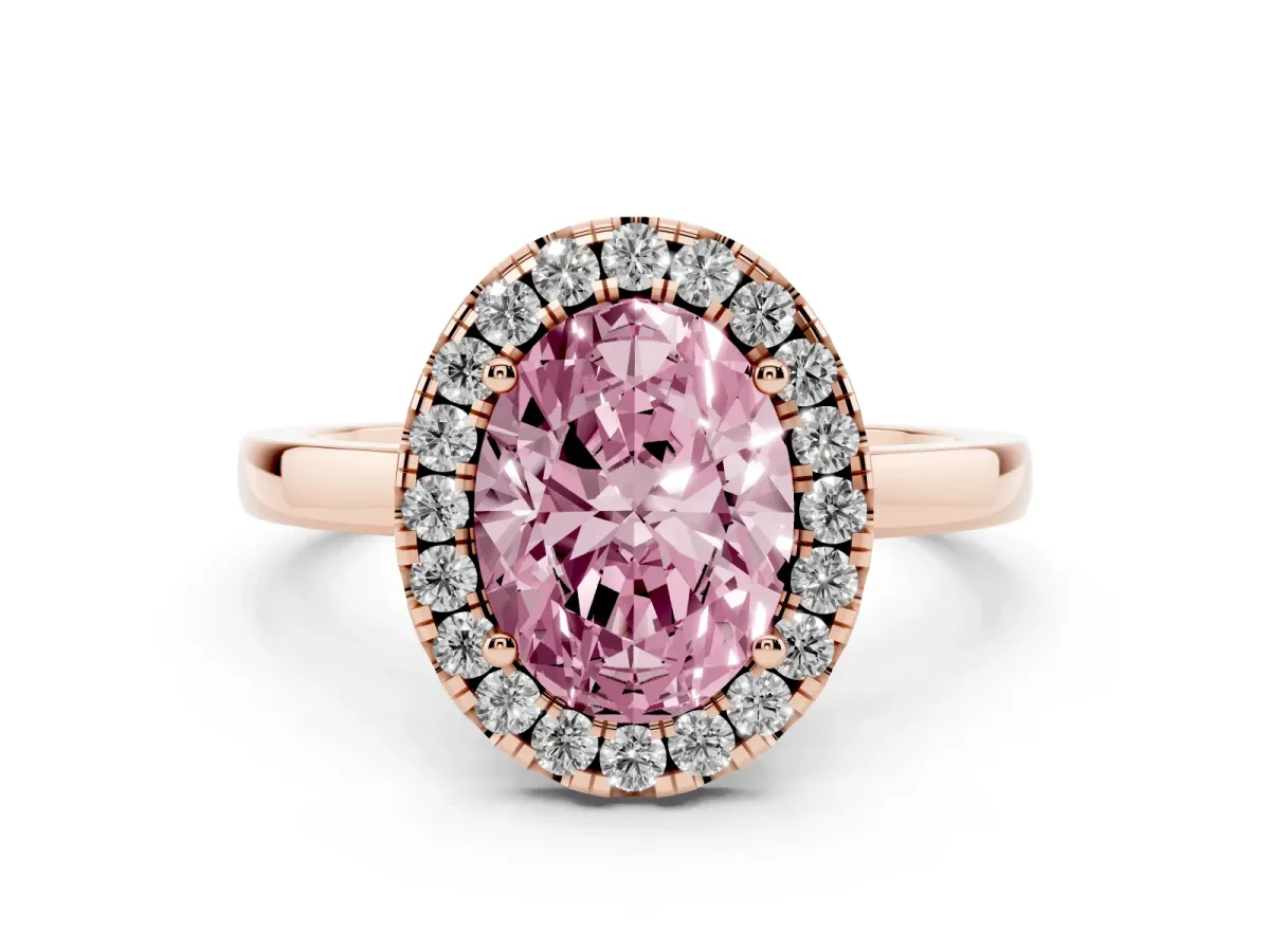 Fancy Pink Oval Cut Halo Diamond Solitaire with Pavé Band and Four-Prong Setting Rose gold