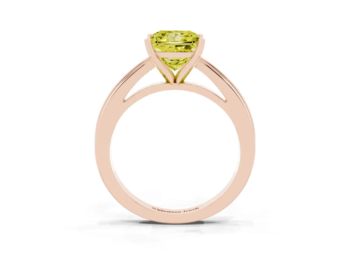 Fancy Yellow Princess Cut Solitaire Diamond Ring with Four-Prong Setting and Classic Band Rose gold
