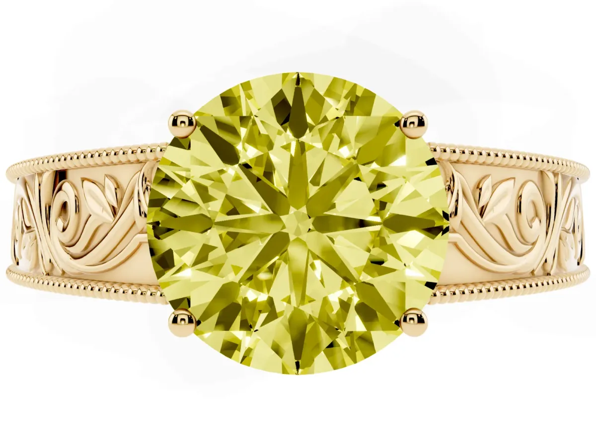 Fancy Yellow Round Cut Diamond Solitaire Ring with Engraved Band and Four-Prong Setting Yellow gold
