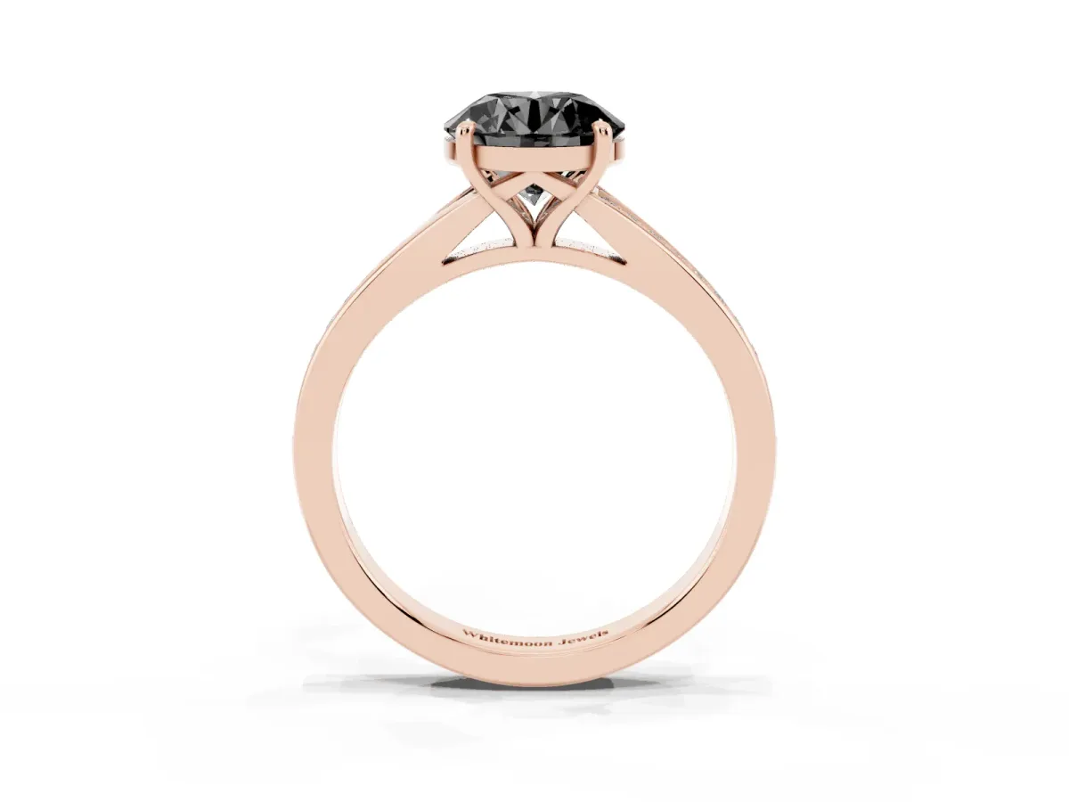 Fancy Black Round Cut Diamond Solitaire Ring with Pavé Band and Prong Setting Rose gold