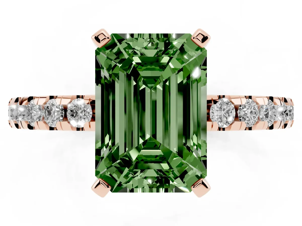 Fancy Green Emerald Cut Diamond Solitaire Ring with Round Pavé Band and Four-Prong Setting Rose gold